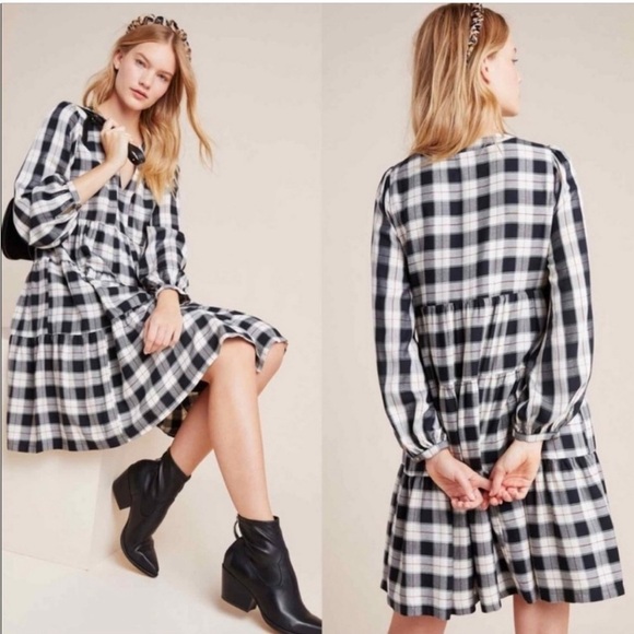 Anthropologie Maeve Amber Tiered Tunic Babydoll Dress Long Sleeve Plaid Size S - Picture 1 of 11